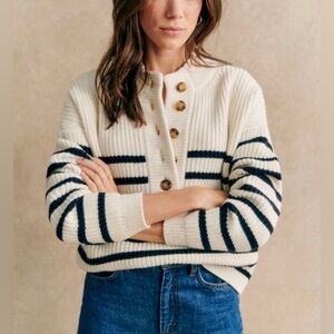 Sézane Lucas Jumper - chunky rib knit striped mariner pull collared sweater M